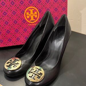 Tory Burch Black Wedges with Gold Logo